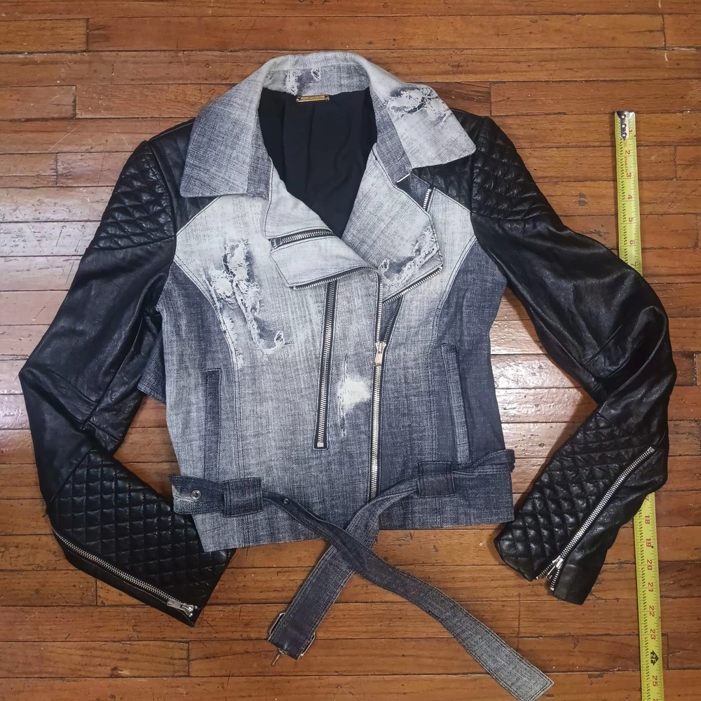 Rebecca Minkoff Black and Blue Jean Print With Leather Sleeves Jacket